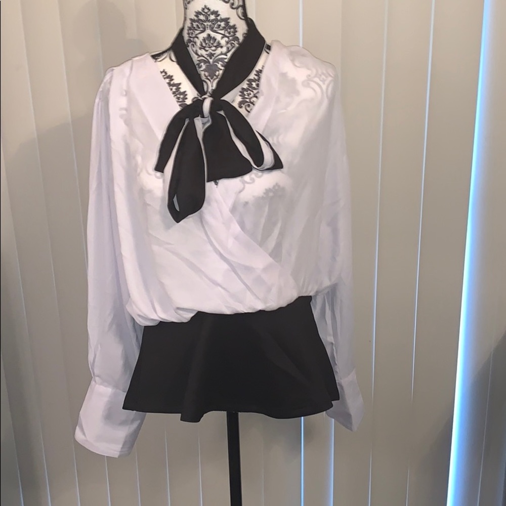 Two Tone Black & White Blouse with Necktie